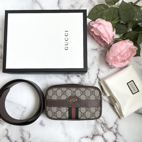 🆕  Authentic Gucci 85 Cm Brown GG Small Ophidia Fanny Pack Zip Pouch - Picture 1 of 13